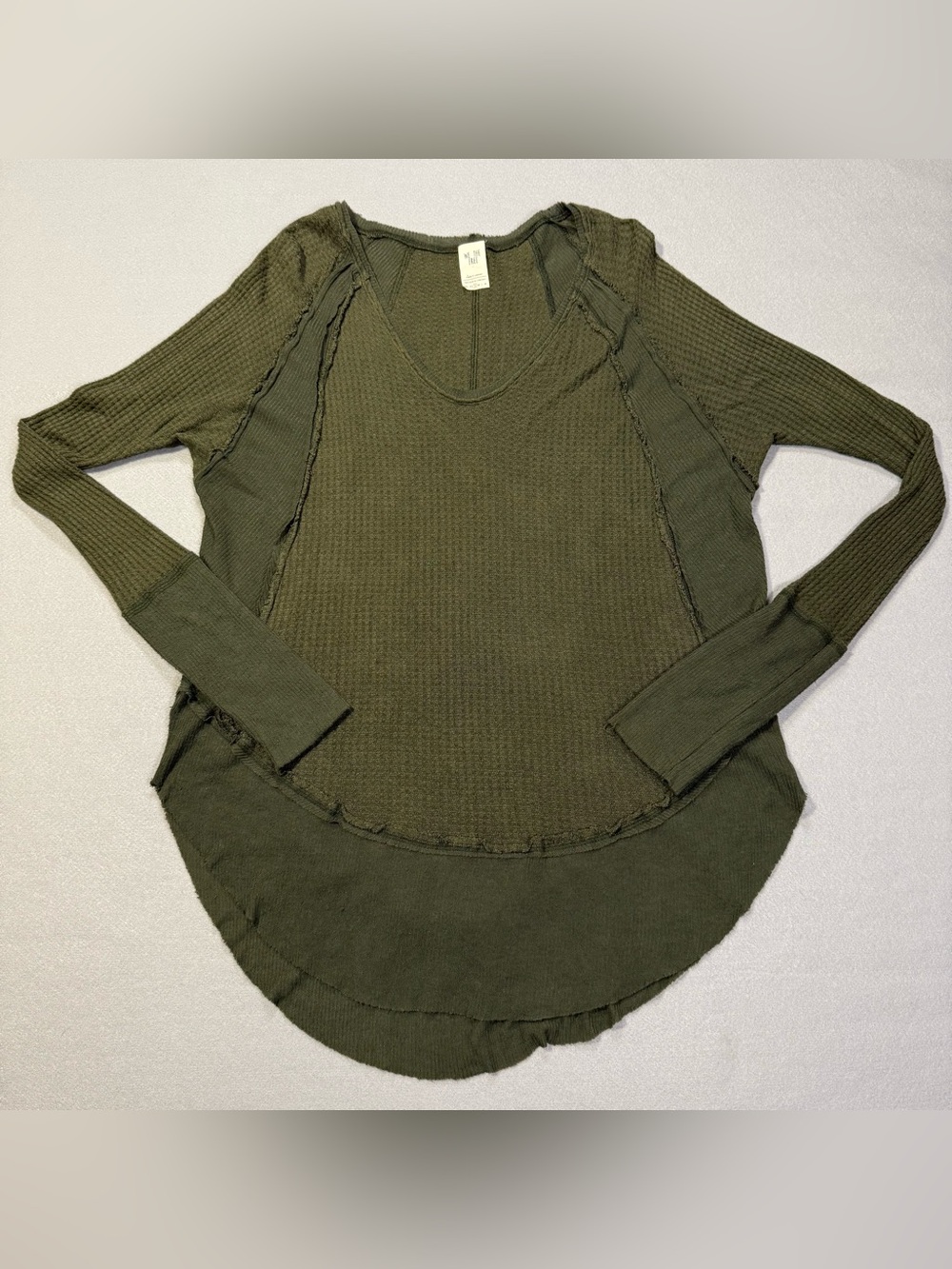Free People Catalina Thermal Top Sz S Military Green Oversized V Neck Raw Hems